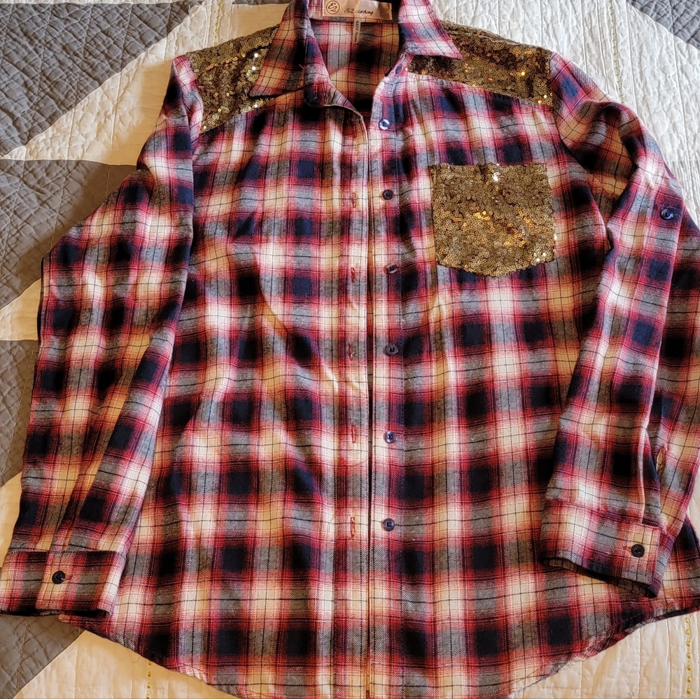 Flannel shirt with gold sequence, size large